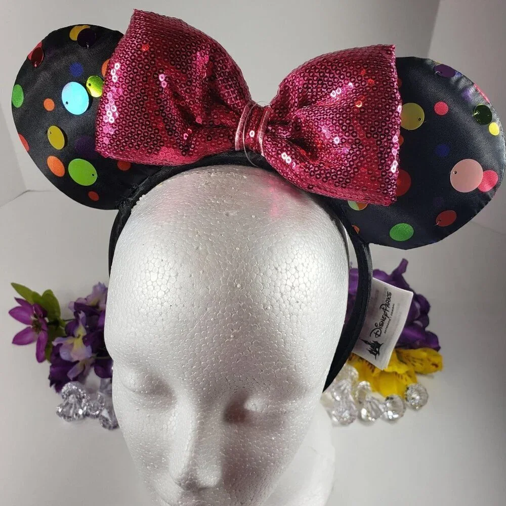 Disney Minnie Mouse Ears Headband Polka Dot Black Sequins Bow Hair Accessories